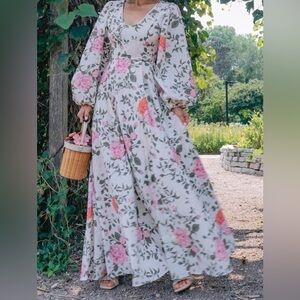 Aura Ivory Maxi Dress with Pink Rose Print